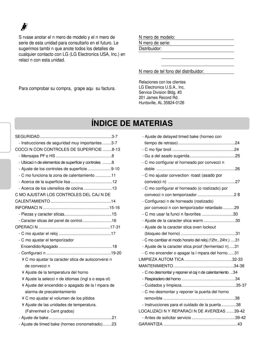 LG Electronics LRE30955ST owner manual Índice DE Materias 