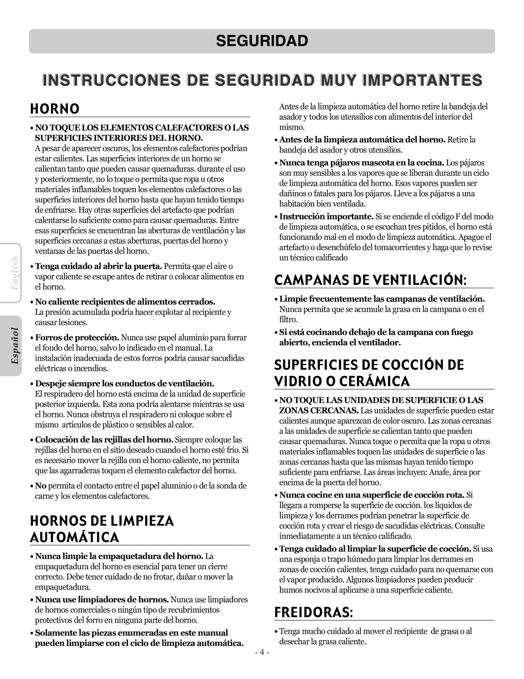 LG Electronics LRE30955ST owner manual Hornos DE Limpieza Automática, Campanas DE Ventilación, Freidoras 