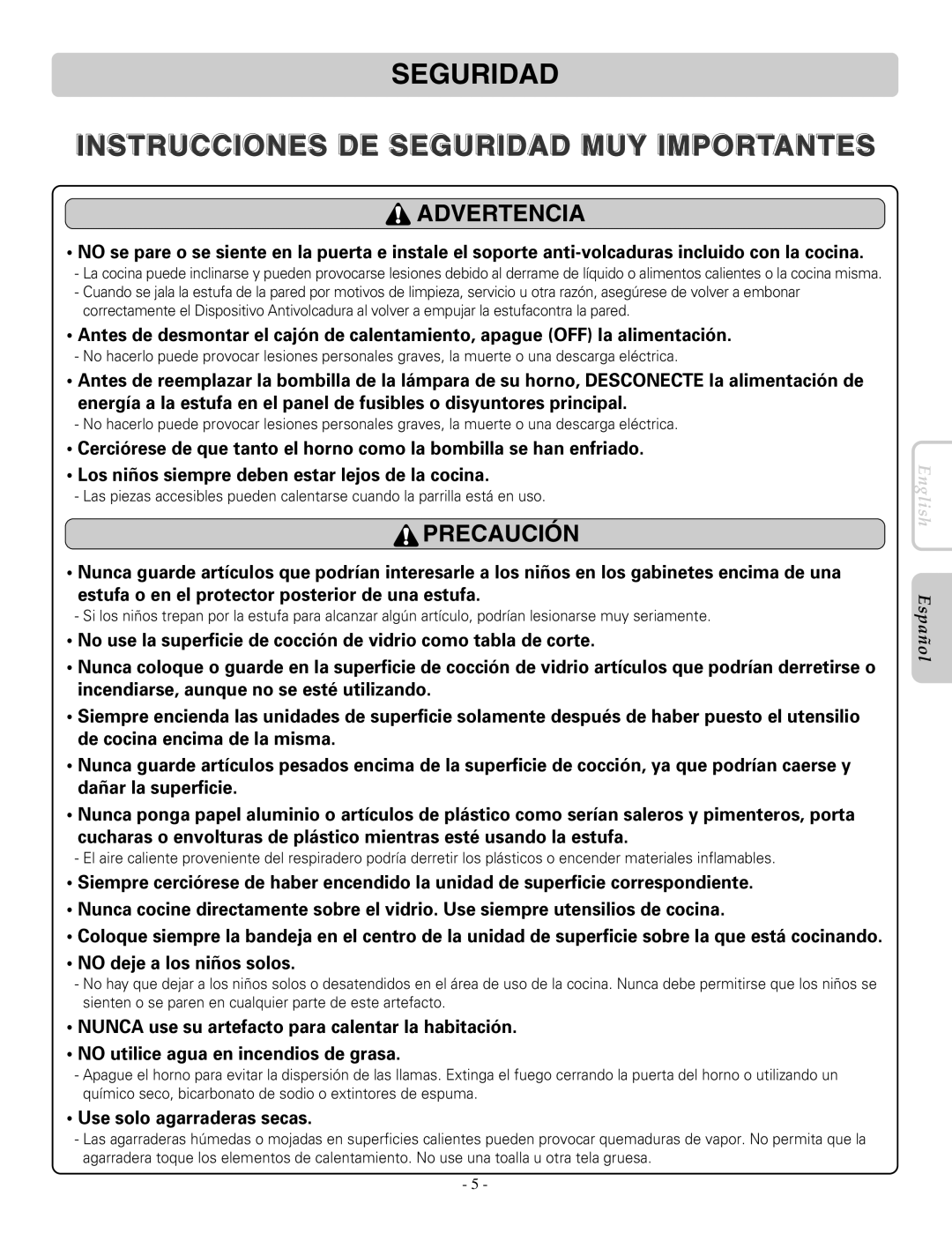 LG Electronics LRE30955ST owner manual No deje a los niños solos, Use solo agarraderas secas 