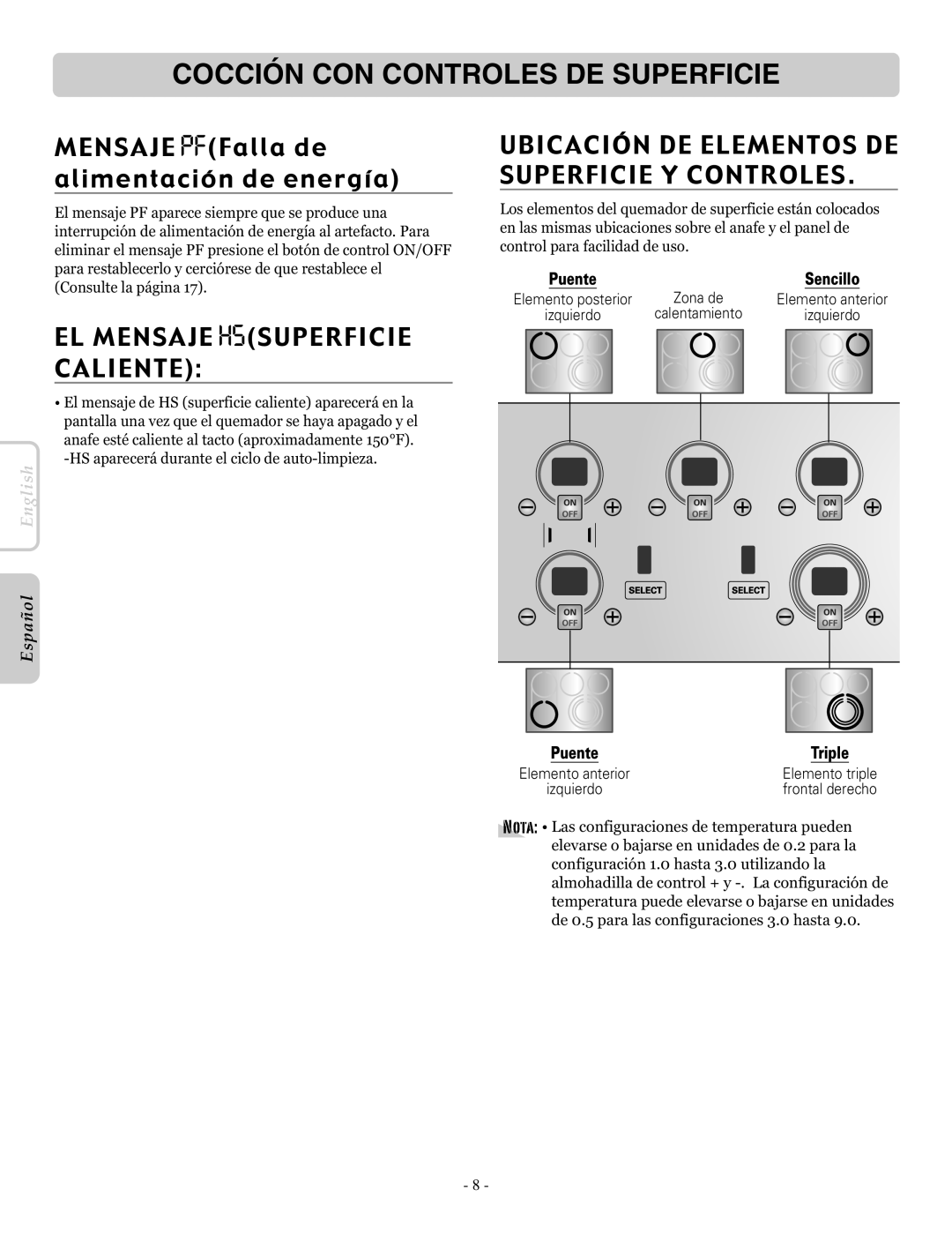 LG Electronics LRE30955ST owner manual Cocción CON Controles DE Superficie, EL Mensaje Hssuperficie Caliente 