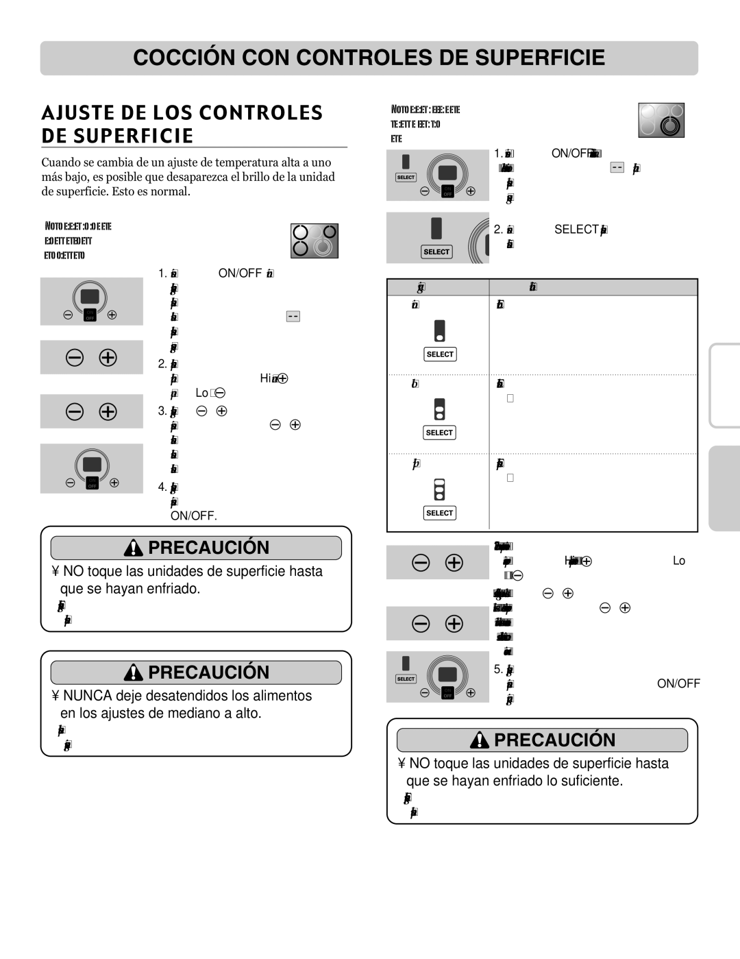 LG Electronics LRE30955ST owner manual Ajuste DE LOS Controles DE Superficie, De 10 segundos, Un tamaño de elemento deseado 