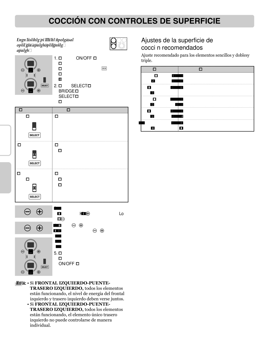 LG Electronics LRE30955ST owner manual Ajustes de la superficie de cocción recomendados, Elemento frontal izquierdo, Lento 