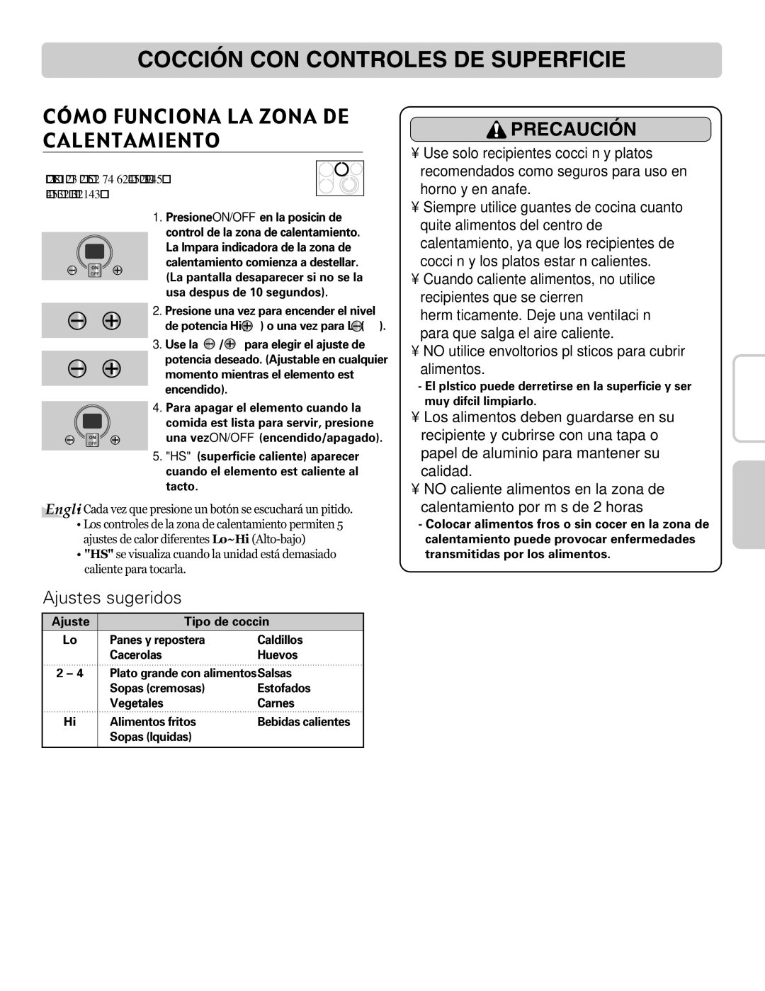 LG Electronics LRE30955ST owner manual Cómo Funciona LA Zona DE Calentamiento, Ajustes sugeridos 