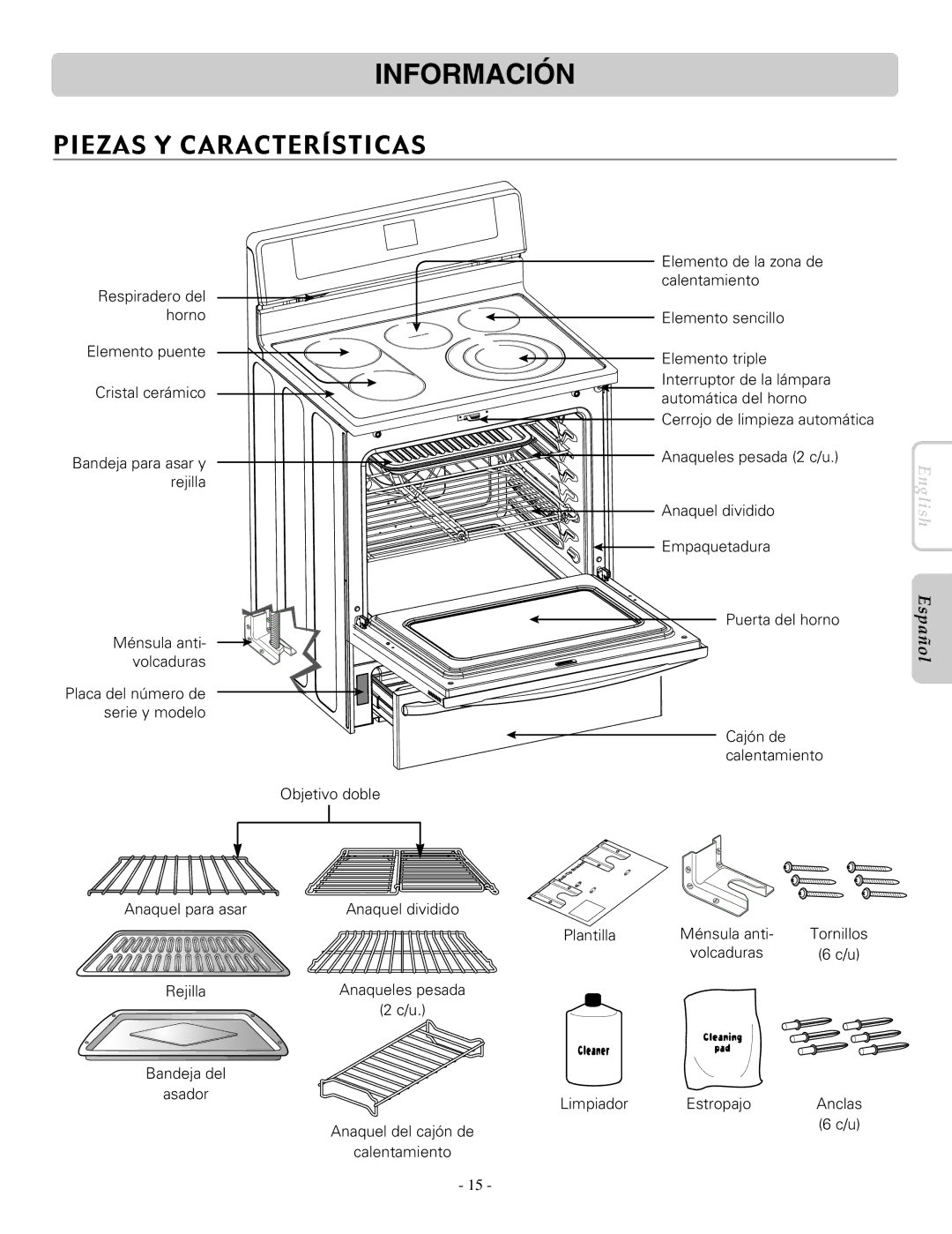 LG Electronics LRE30955ST owner manual Información, Piezas Y Características, Anaquel del cajón de Calentamiento 