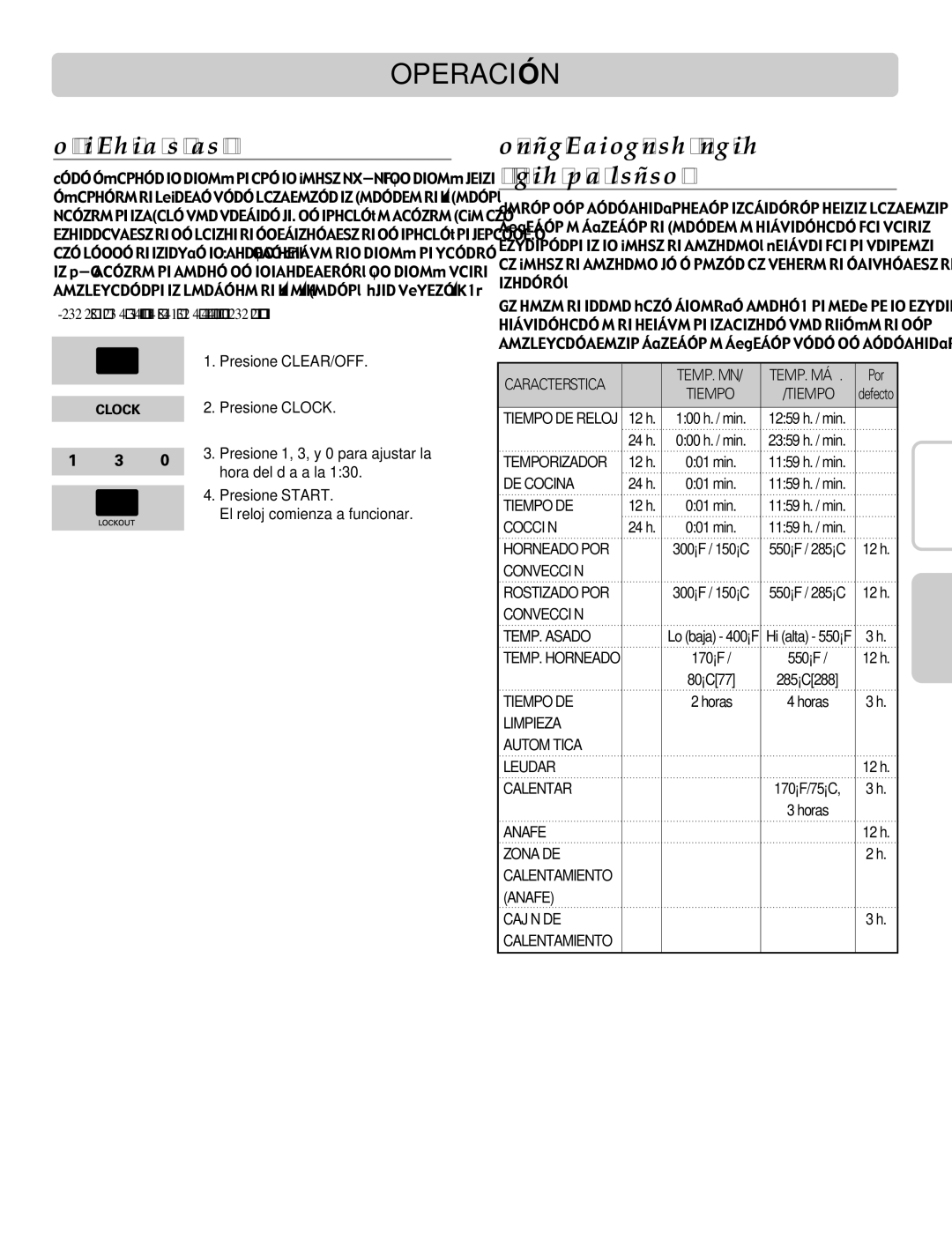 LG Electronics LRE30955ST owner manual Operación, Cómo Ajustar EL Reloj, Configuraciones Mínimas Y Máximas POR Defecto 