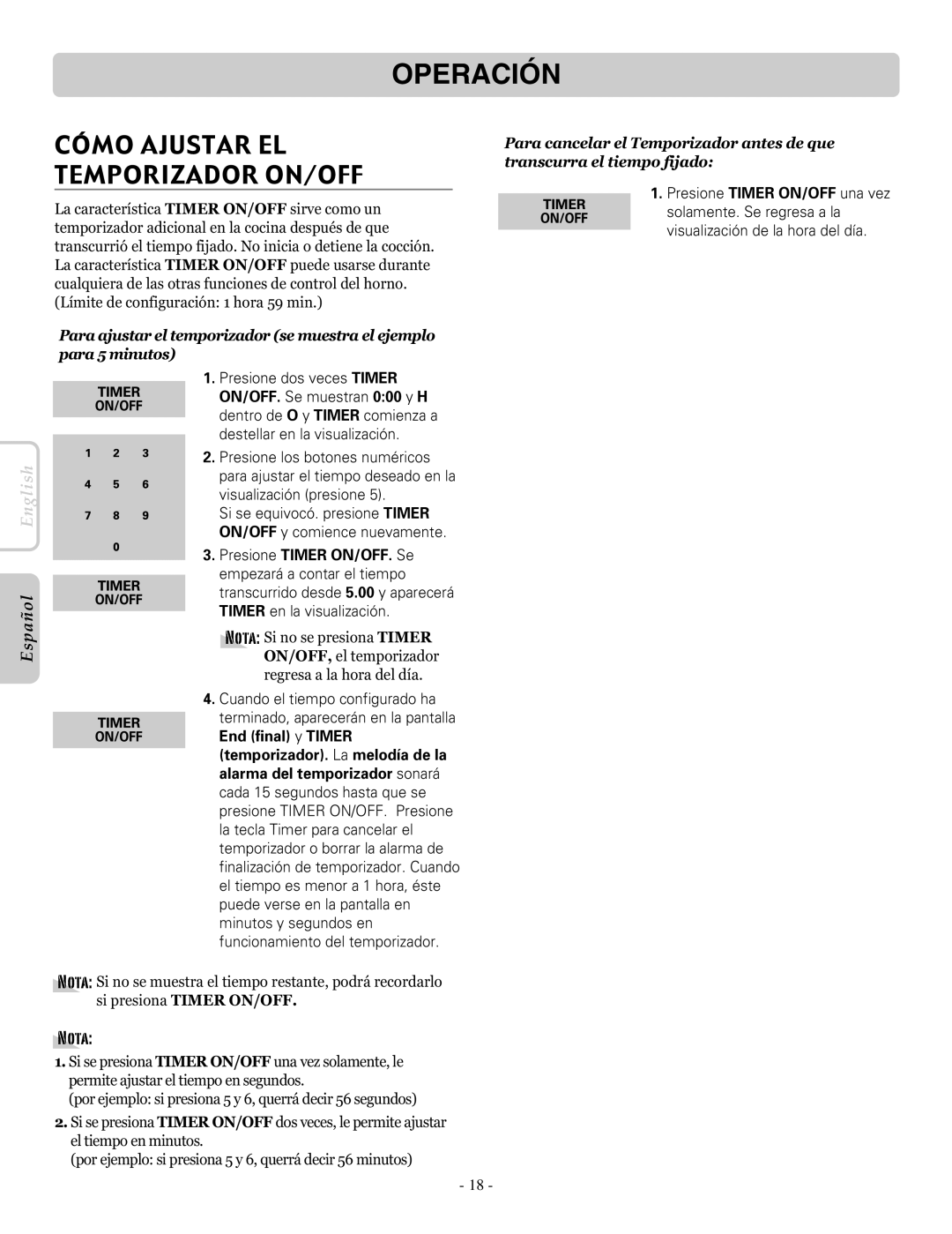 LG Electronics LRE30955ST owner manual Cómo Ajustar EL Temporizador ON/OFF, Presione dos veces Timer 