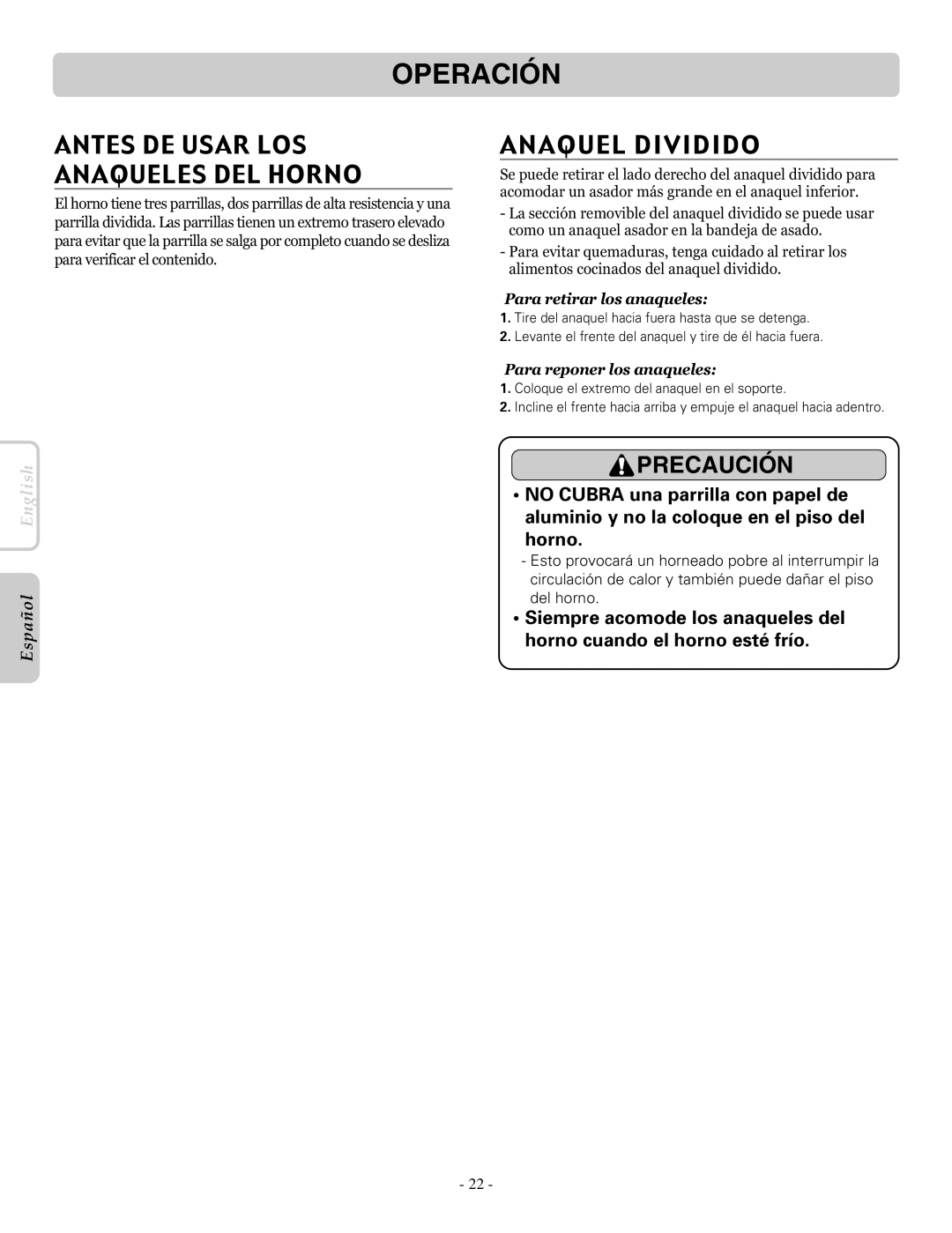 LG Electronics LRE30955ST owner manual Antes DE Usar LOS Anaqueles DEL Horno, Anaquel Dividido, Para retirar los anaqueles 