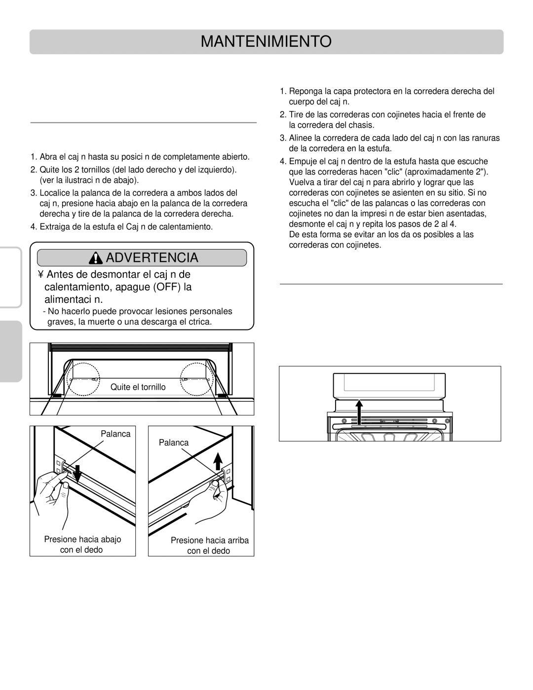 LG Electronics LRE30955ST Mantenimiento, Cómo Desmontar Y Reponer EL Cajón DE Calentamiento, Respiradero DEL Horno 