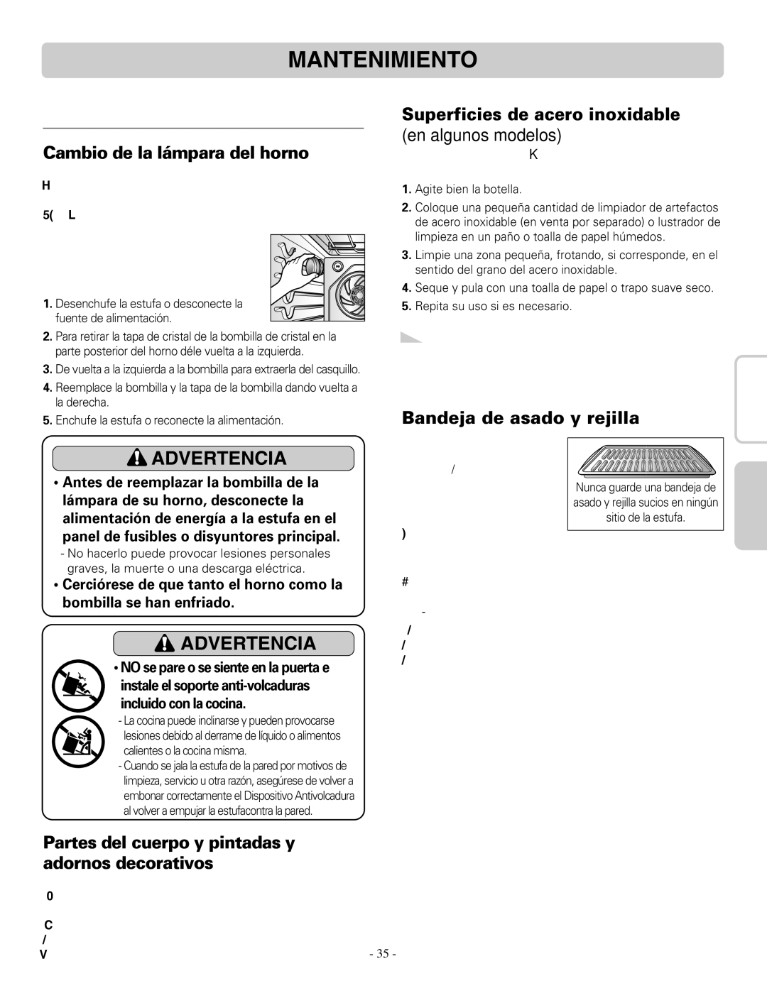 LG Electronics LRE30955ST owner manual Superficies de acero inoxidable, Cambio de la lámpara del horno En algunos modelos 