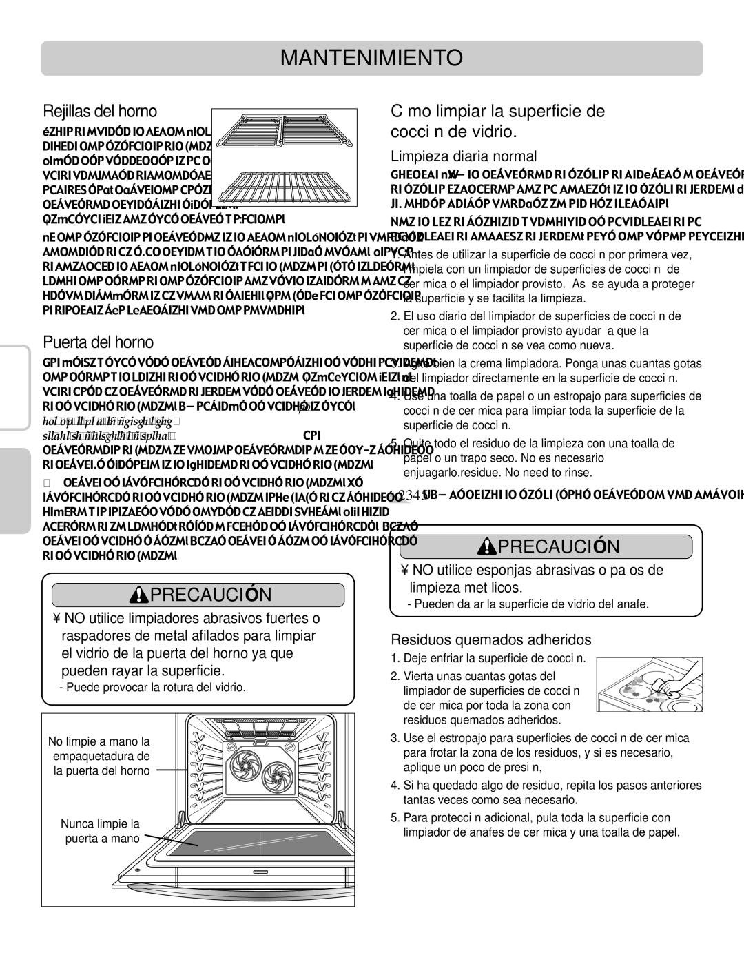 LG Electronics LRE30955ST Rejillas del horno, Puerta del horno, Cómo limpiar la superficie de cocción de vidrio 