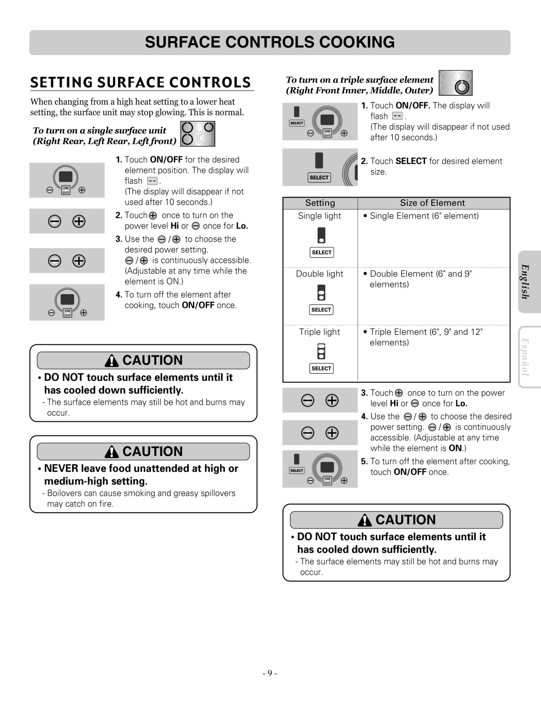 LG Electronics LRE30955ST owner manual Setting Surface Controls, Elements Triple light Triple Element 6, 9 