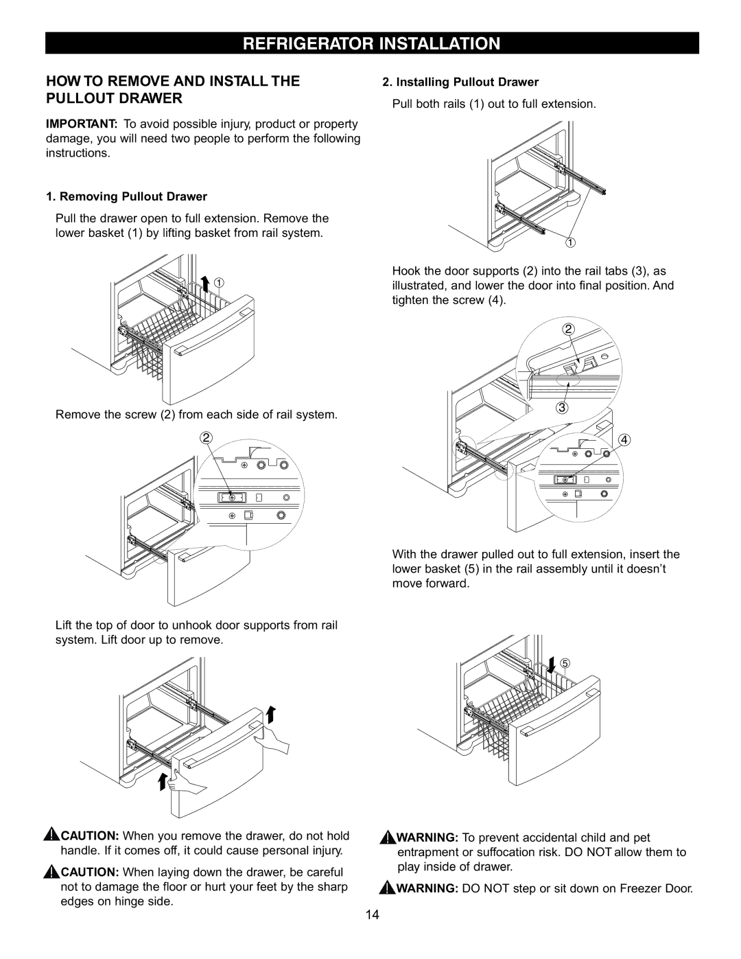 LG Electronics LRFC22750 HOW to Remove and Install Pullout Drawer, Removing Pullout Drawer, Installing Pullout Drawer 