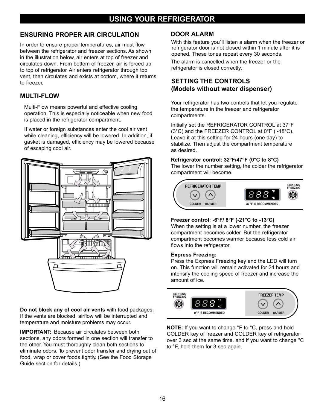 LG Electronics LRFC22750, LRFD22850 manual Using Your Refrigerator, Ensuring Proper AIR Circulation, Multi-Flow, Door Alarm 