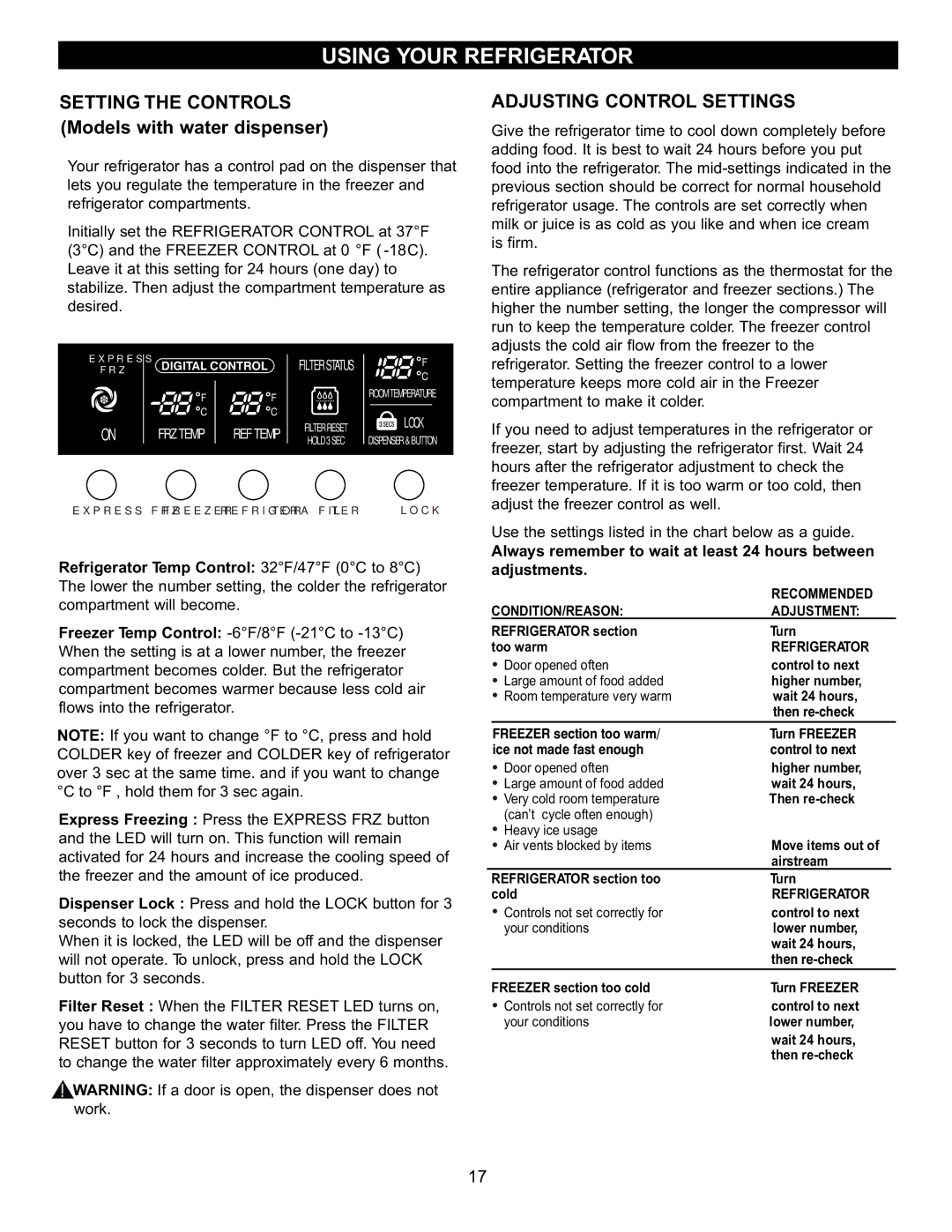 LG Electronics LRFD22850, LRFC22750 manual Models with water dispenser, Adjusting Control Settings 