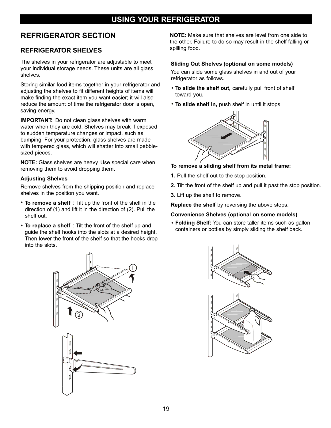 LG Electronics LRFD22850, LRFC22750 Refrigerator Shelves, Adjusting Shelves, Sliding Out Shelves optional on some models 