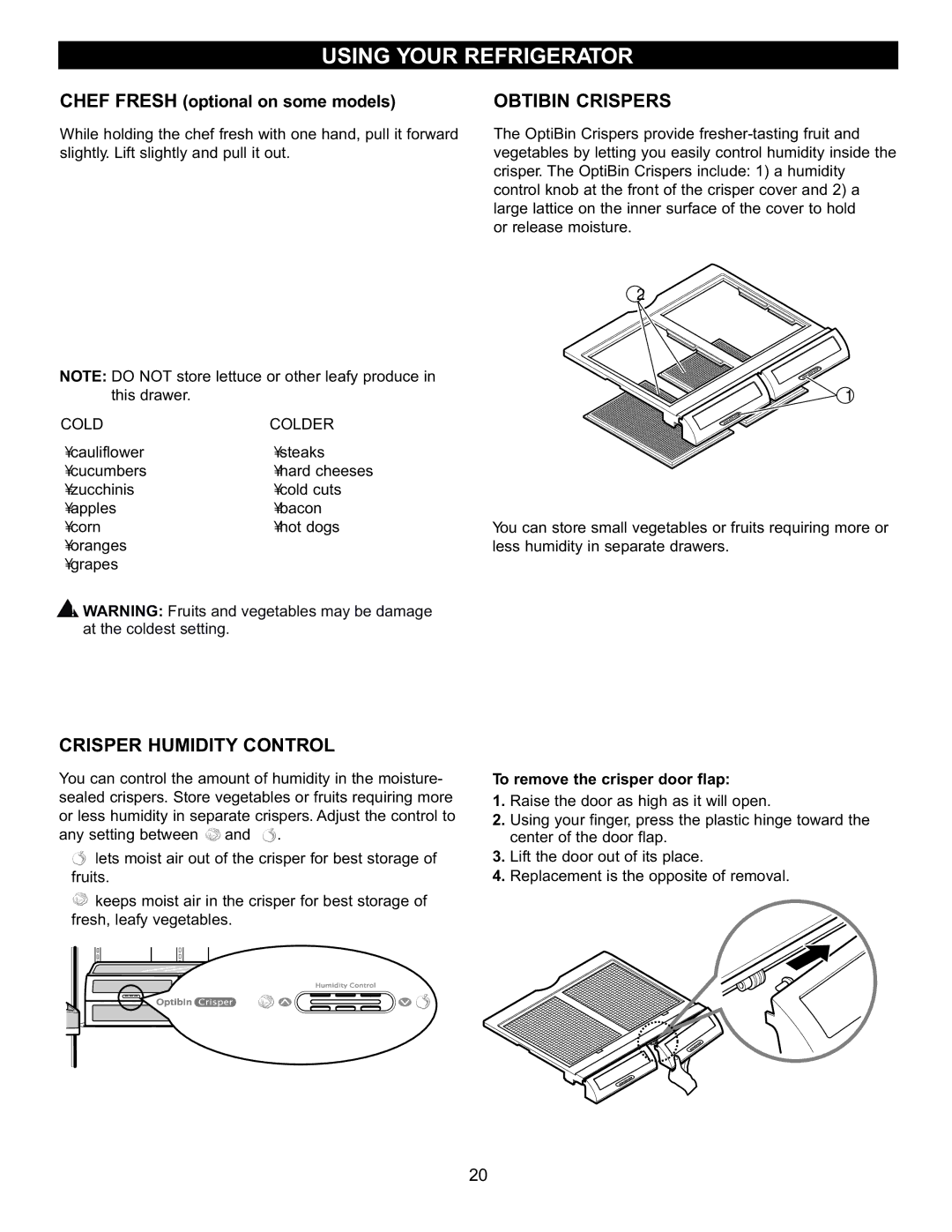 LG Electronics LRFC22750, LRFD22850 manual Obtibin Crispers, Crisper Humidity Control, To remove the crisper door flap 