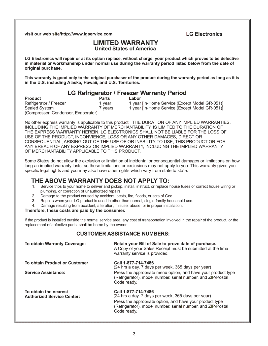 LG Electronics LRFD22850, LRFC22750 manual Limited Warranty 