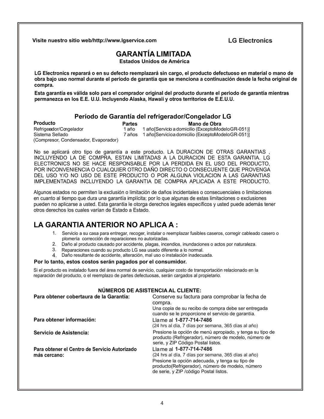 LG Electronics LRFC22750, LRFD22850 manual Período de Garantía del refrigerador/Congelador LG 