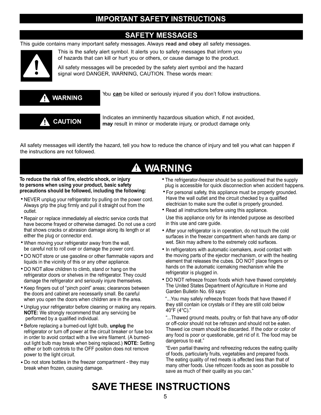 LG Electronics LRFD22850, LRFC22750 manual Important Safety Instructions Safety Messages 