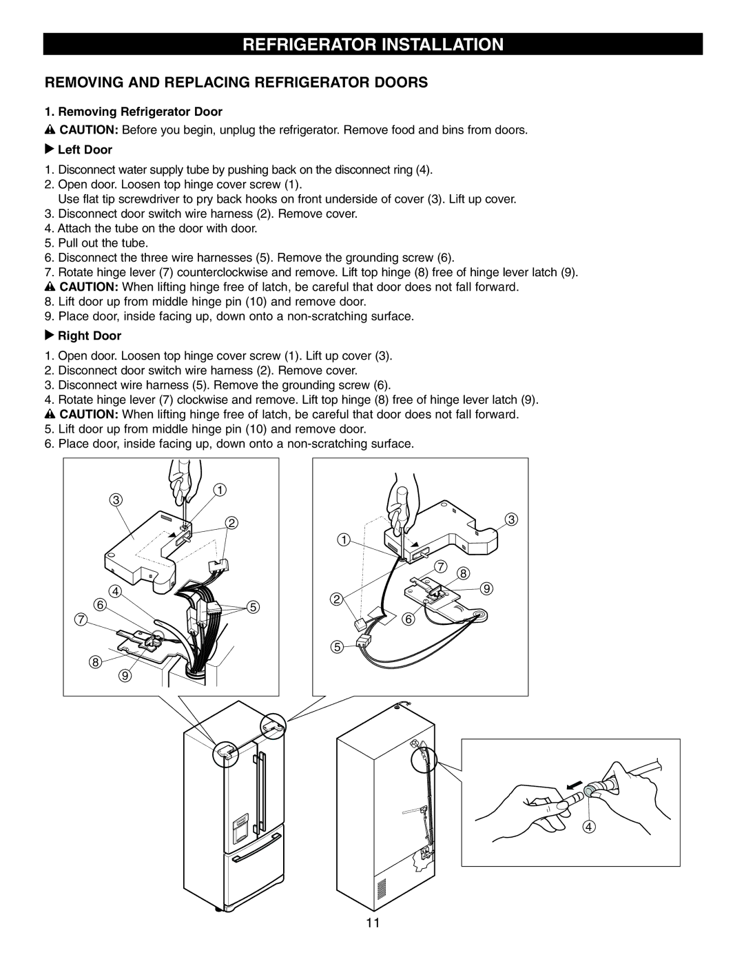 LG Electronics LRFD21855 manual Removing and Replacing Refrigerator Doors, Removing Refrigerator Door Left Door, Right Door 