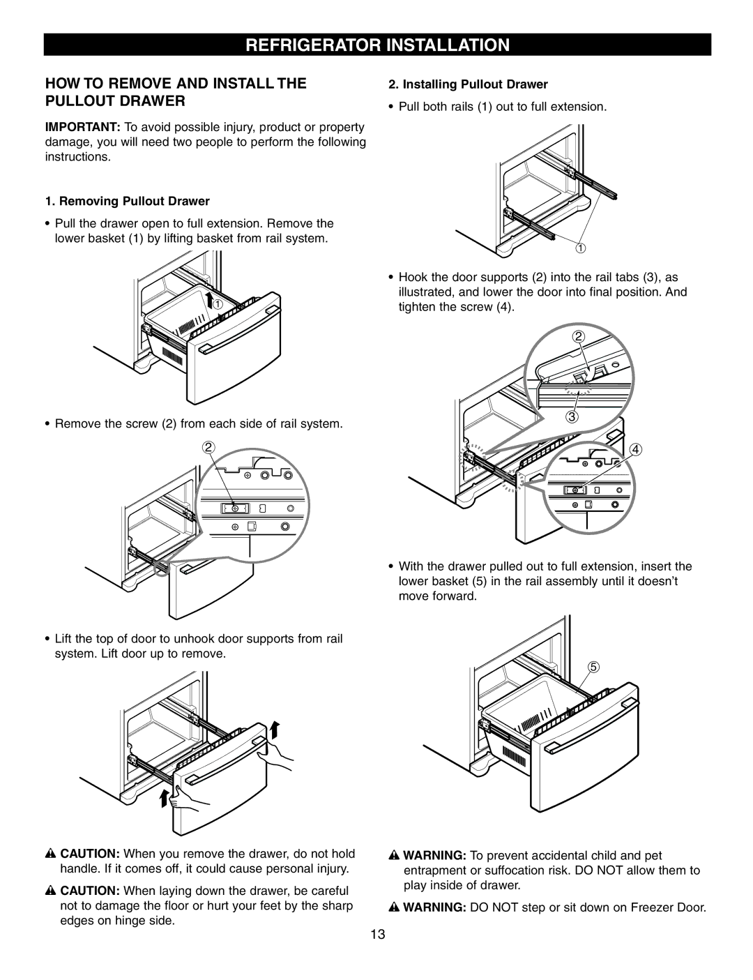 LG Electronics LRFD21855 HOW to Remove and Install the Pullout Drawer, Removing Pullout Drawer, Installing Pullout Drawer 