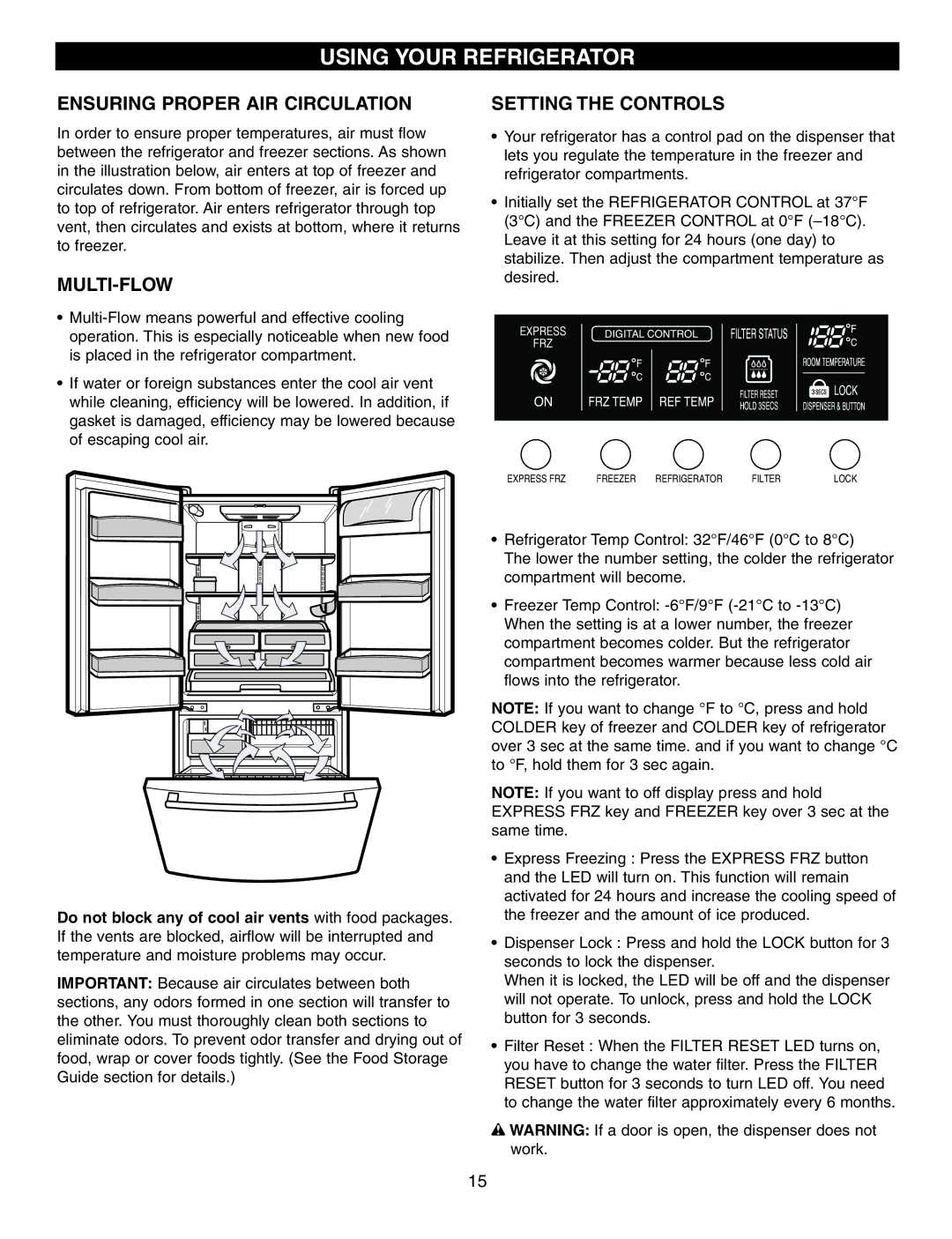 LG Electronics LRFD21855 manual Using Your Refrigerator, Ensuring Proper AIR Circulation, Multi-Flow, Setting the Controls 