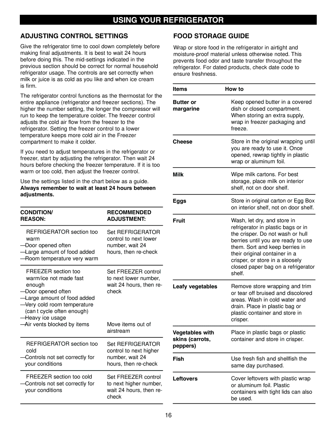 LG Electronics LRFD25850, LRFD21855 manual Adjusting Control Settings, Food Storage Guide 