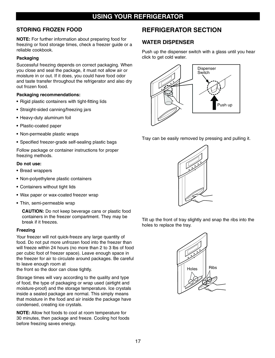 LG Electronics LRFD21855, LRFD25850 manual Storing Frozen Food, Water Dispenser 