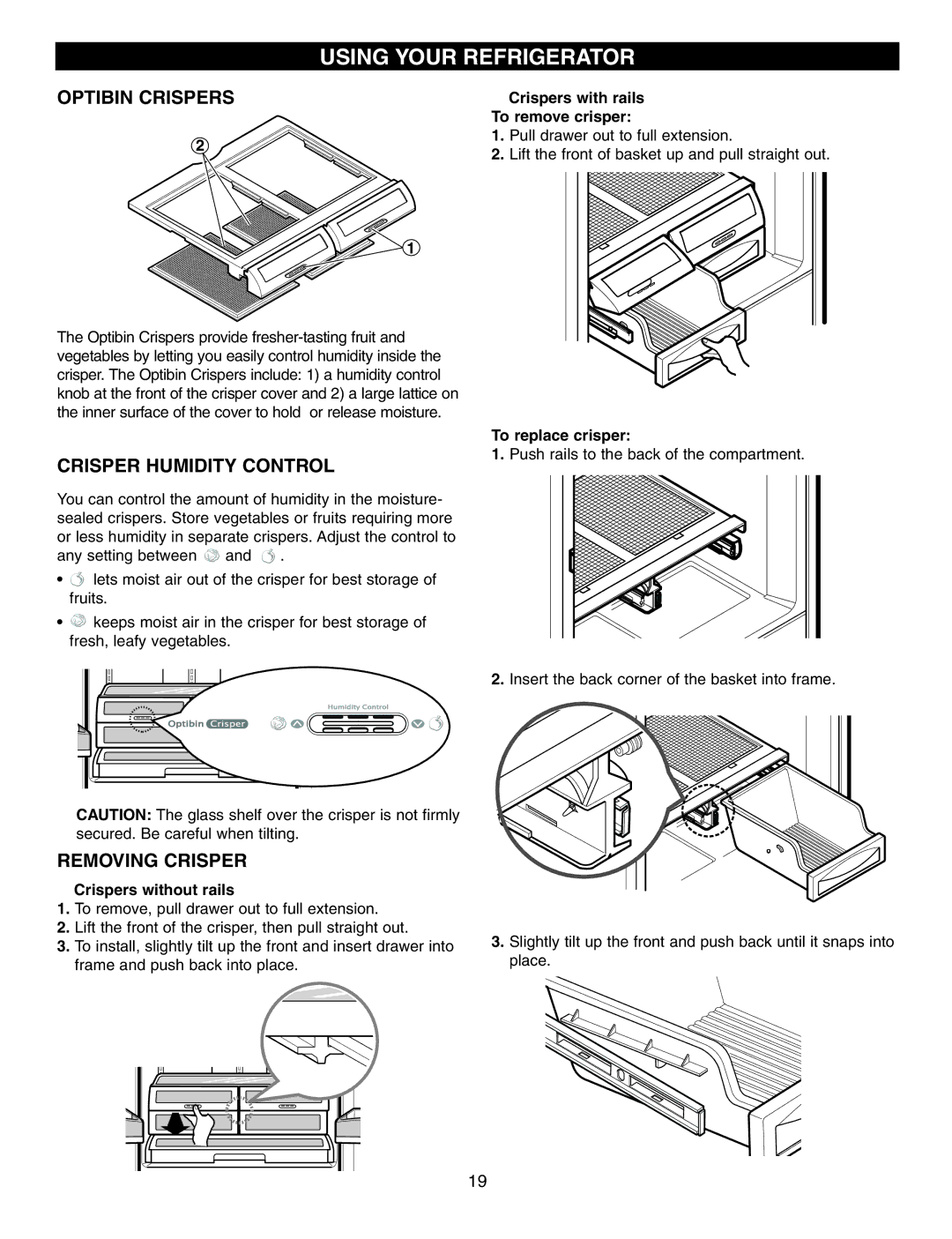 LG Electronics LRFD21855, LRFD25850 manual Optibin Crispers, Crisper Humidity Control, Removing Crisper 