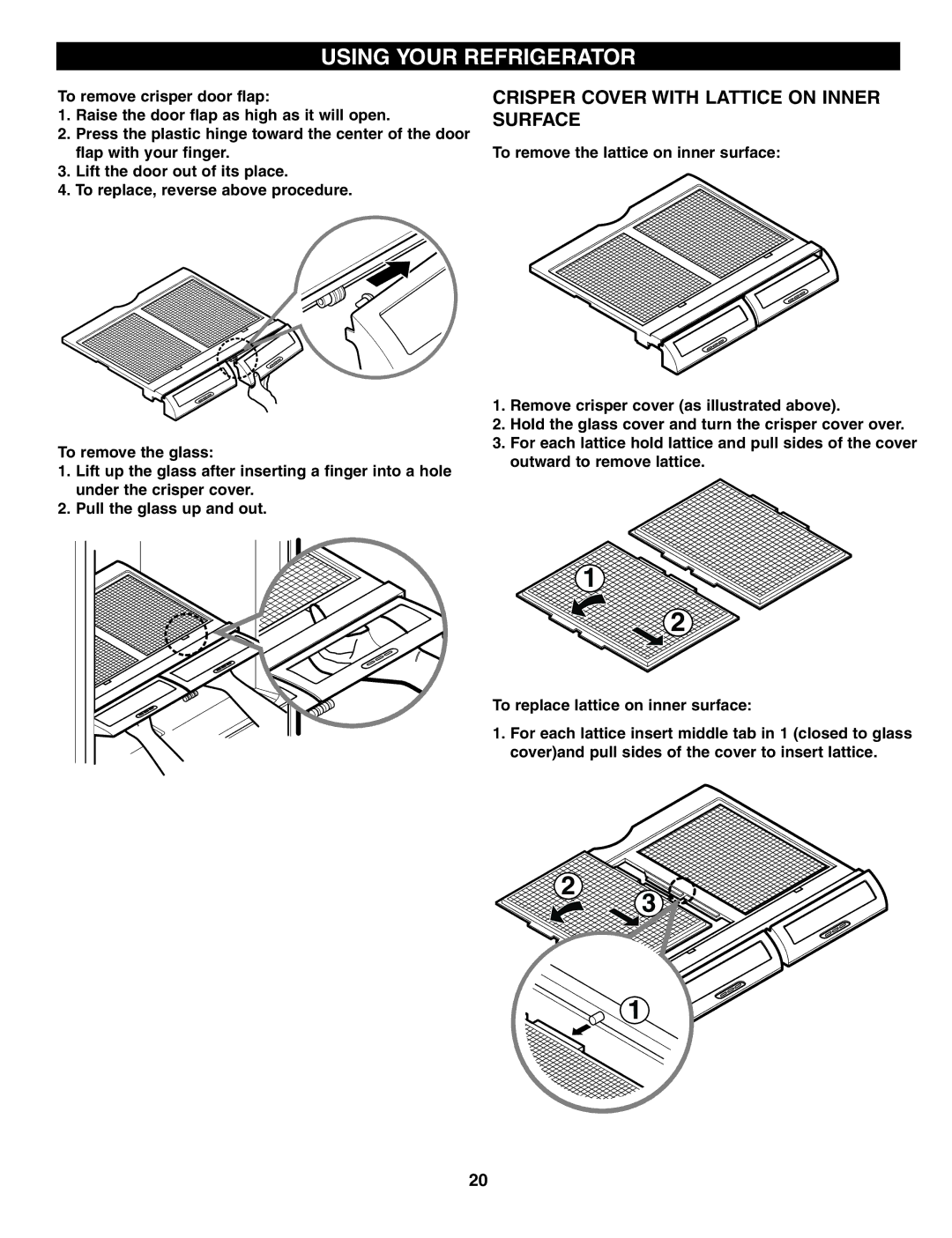 LG Electronics LRFD25850 Crisper Cover with Lattice on Inner Surface, To remove crisper door flap, To remove the glass 