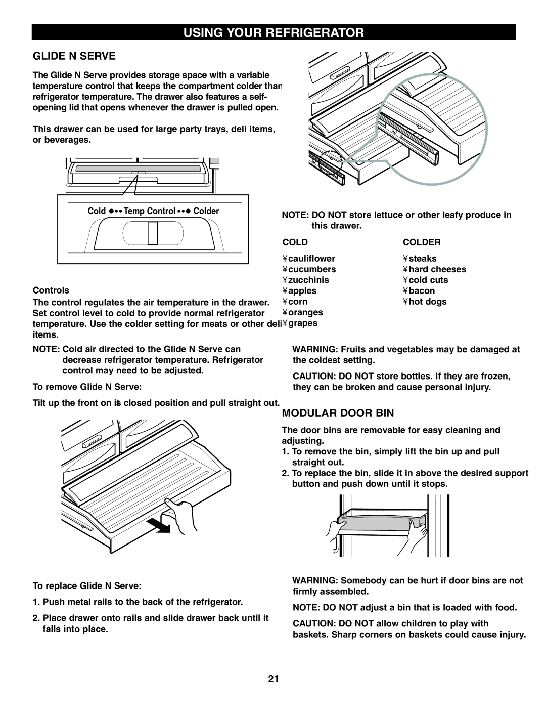 LG Electronics LRFD21855, LRFD25850 manual Modular Door BIN, Cold Temp Control Colder Controls, To remove Glide N Serve 