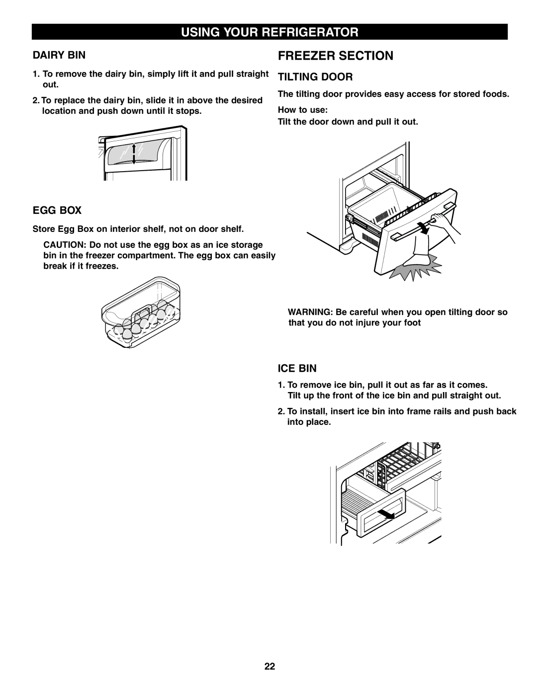 LG Electronics LRFD25850, LRFD21855 manual Dairy BIN, Egg Box, Tilting Door, Ice Bin, How to use 