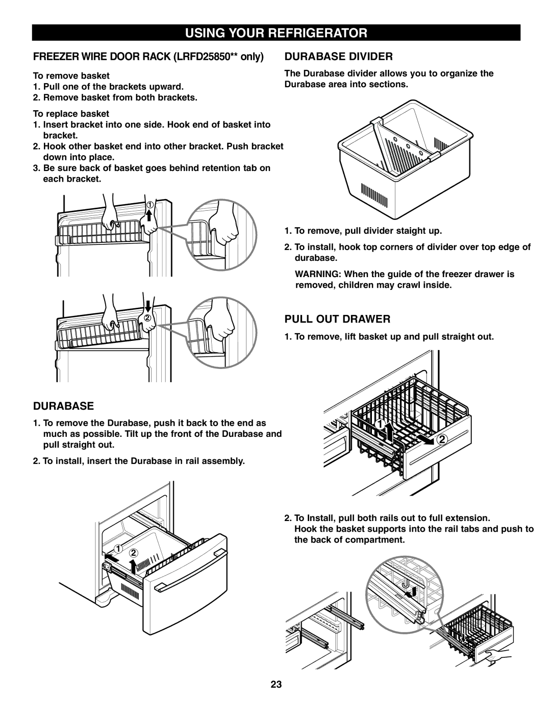 LG Electronics LRFD21855, LRFD25850 manual Durabase Divider, Pull OUT Drawer, To remove basket, To replace basket 