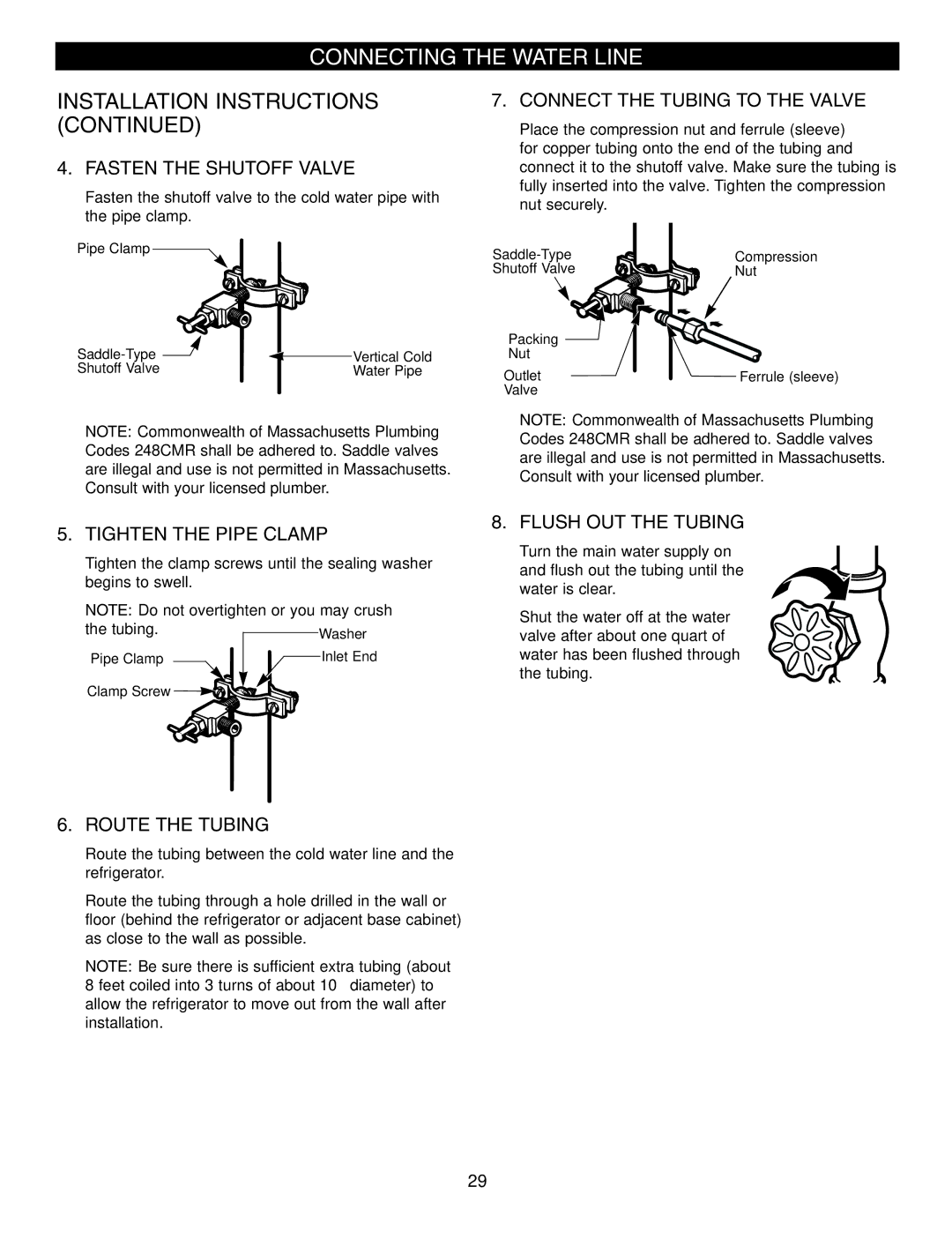 LG Electronics LRFD21855, LRFD25850 manual Fasten the Shutoff Valve, Connect the Tubing to the Valve, Tighten the Pipe Clamp 