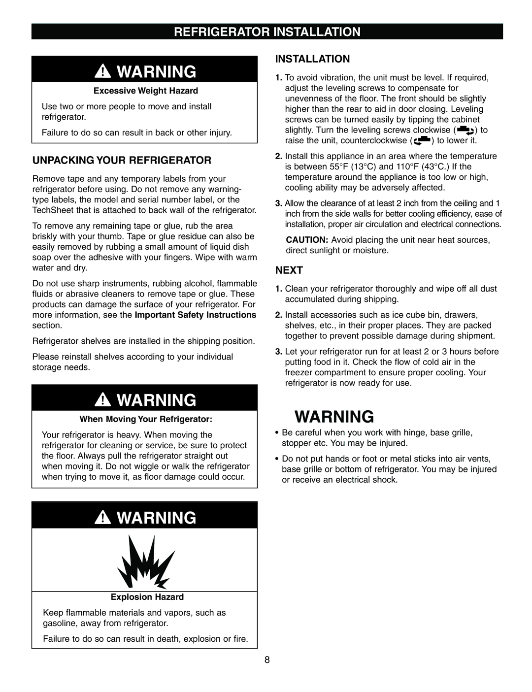 LG Electronics LRFD25850, LRFD21855 manual Refrigerator Installation, Unpacking Your Refrigerator, Next 