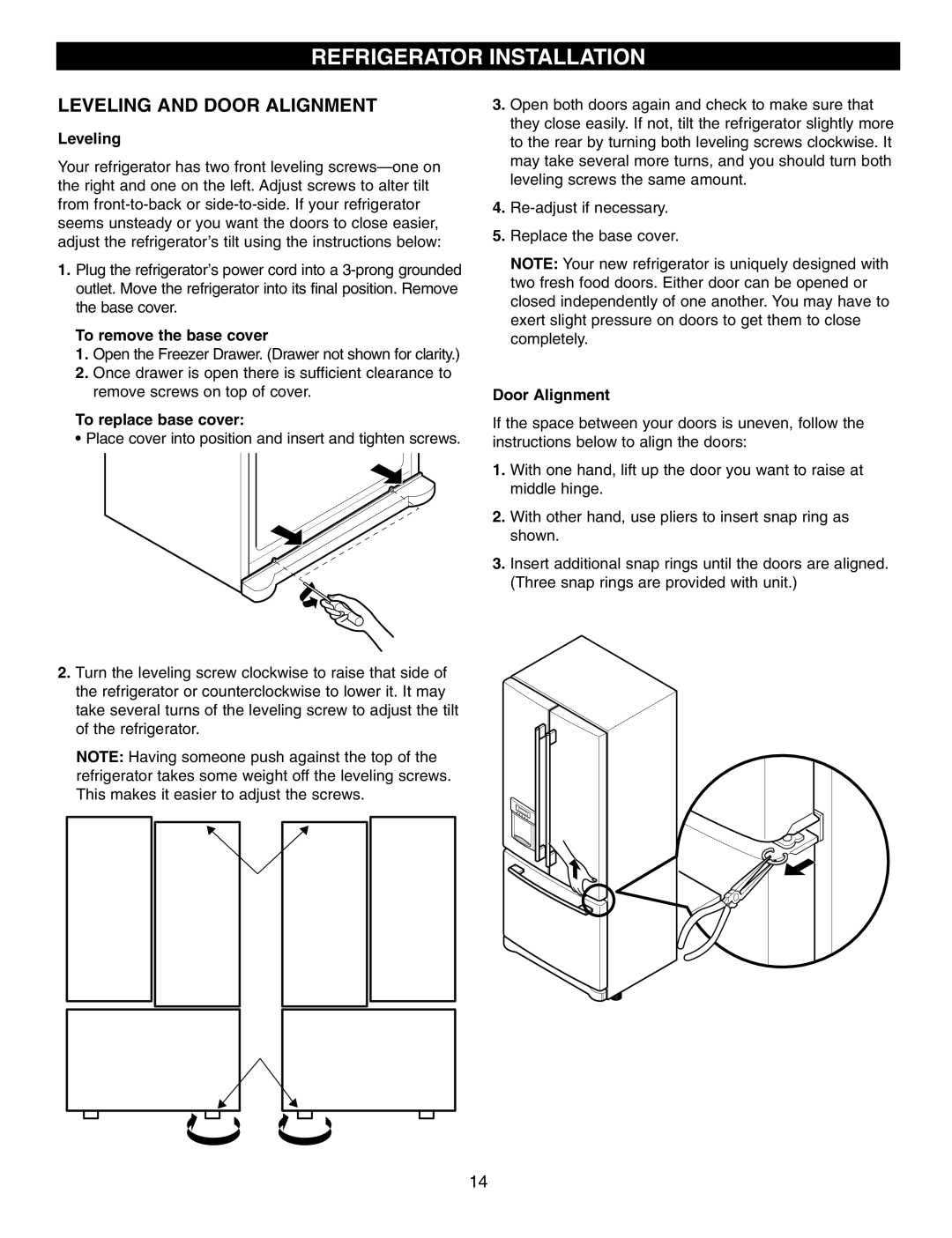 LG Electronics LRFD25850, LRFD21855 manual Refrigerator Installation, Leveling And Door Alignment, To remove the base cover 