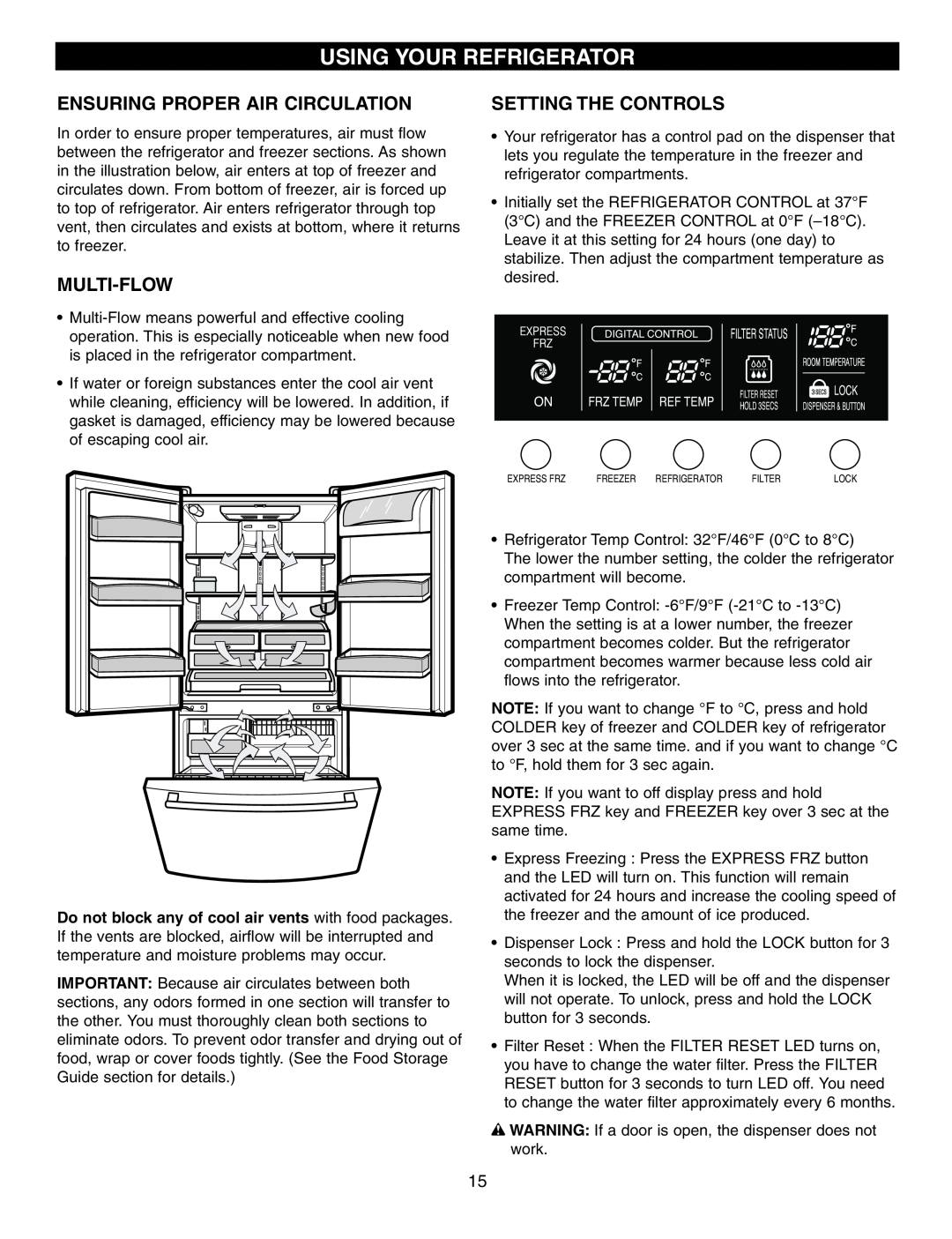 LG Electronics LRFD21855 manual Using Your Refrigerator, Ensuring Proper Air Circulation, Multi-Flow, Setting The Controls 
