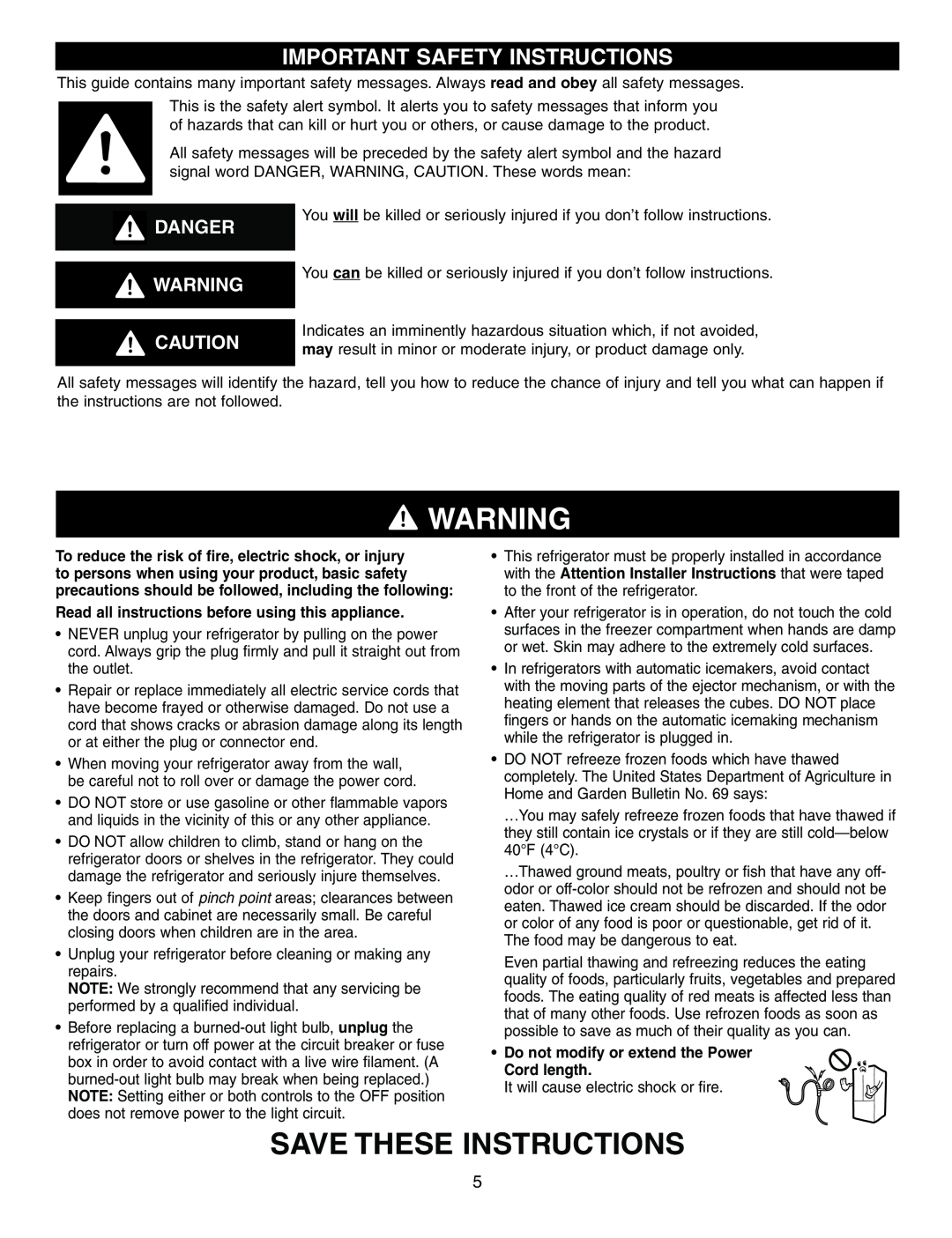 LG Electronics LRFD21855, LRFD25850 manual Save These Instructions, Important Safety Instructions, Danger 