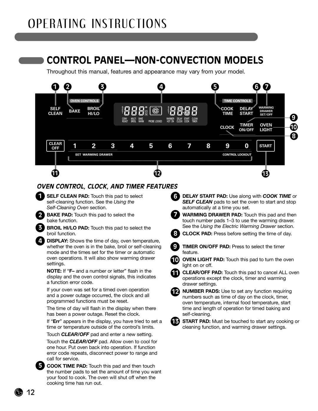 LG Electronics LRG30355SW, LRG30355SB manual Control PANEL-NON-CONVECTION Models, Bake PAD Touch this pad to select 