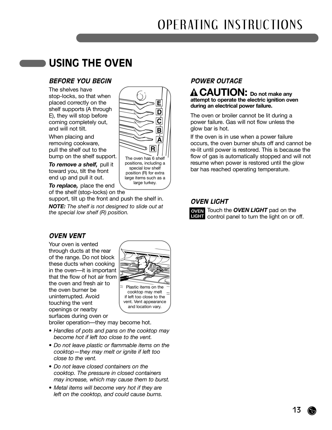 LG Electronics LRG30355SB, LRG30355SW manual Using the Oven, Before YOU Begin, Power Outage, Oven Light, Oven Vent 