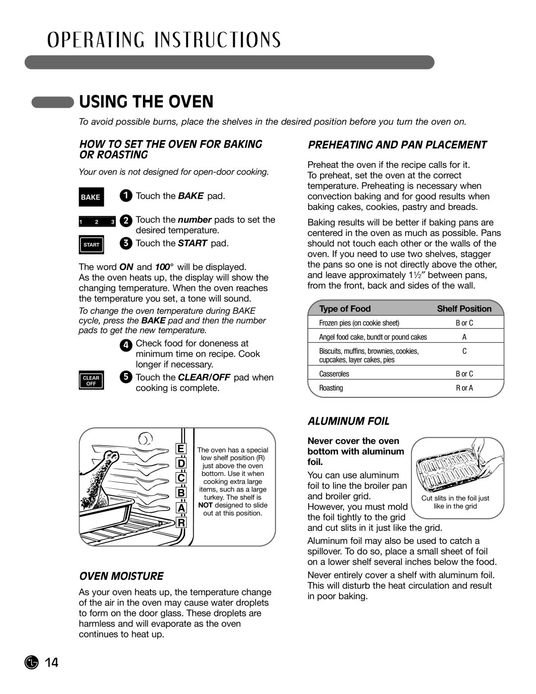 LG Electronics LRG30855ST, LRG30355ST, LRG30355SW, LRG30355SB HOW to SET the Oven for Baking or Roasting, Aluminum Foil 