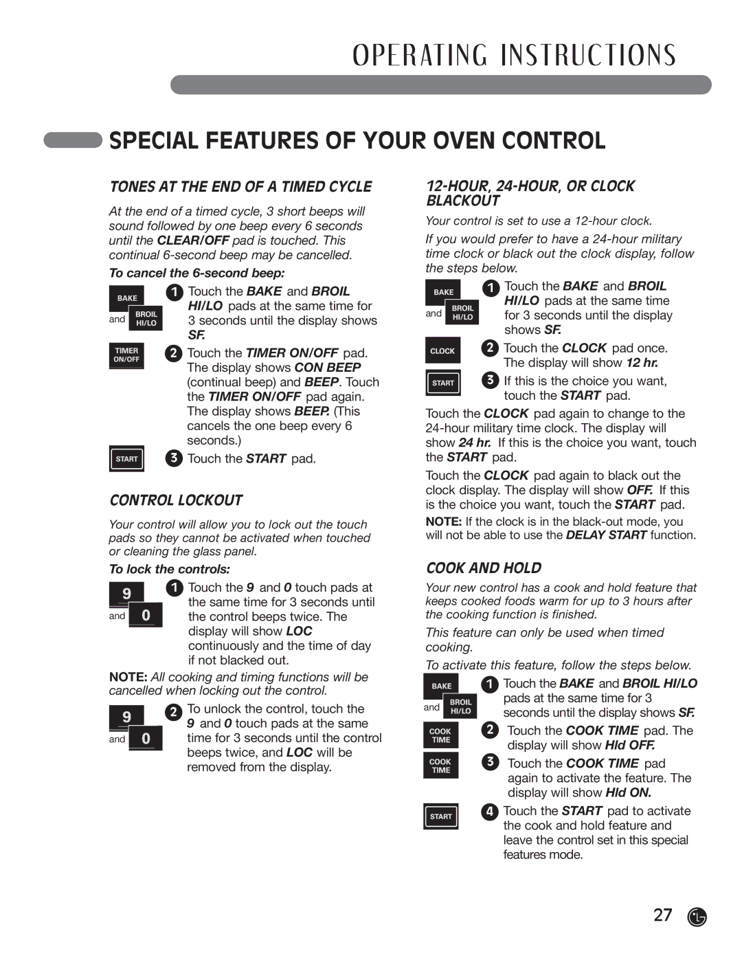 LG Electronics LRG30355SW, LRG30355SB Tones AT the END of a Timed Cycle, Control Lockout, HOUR, 24-HOUR, or Clock Blackout 