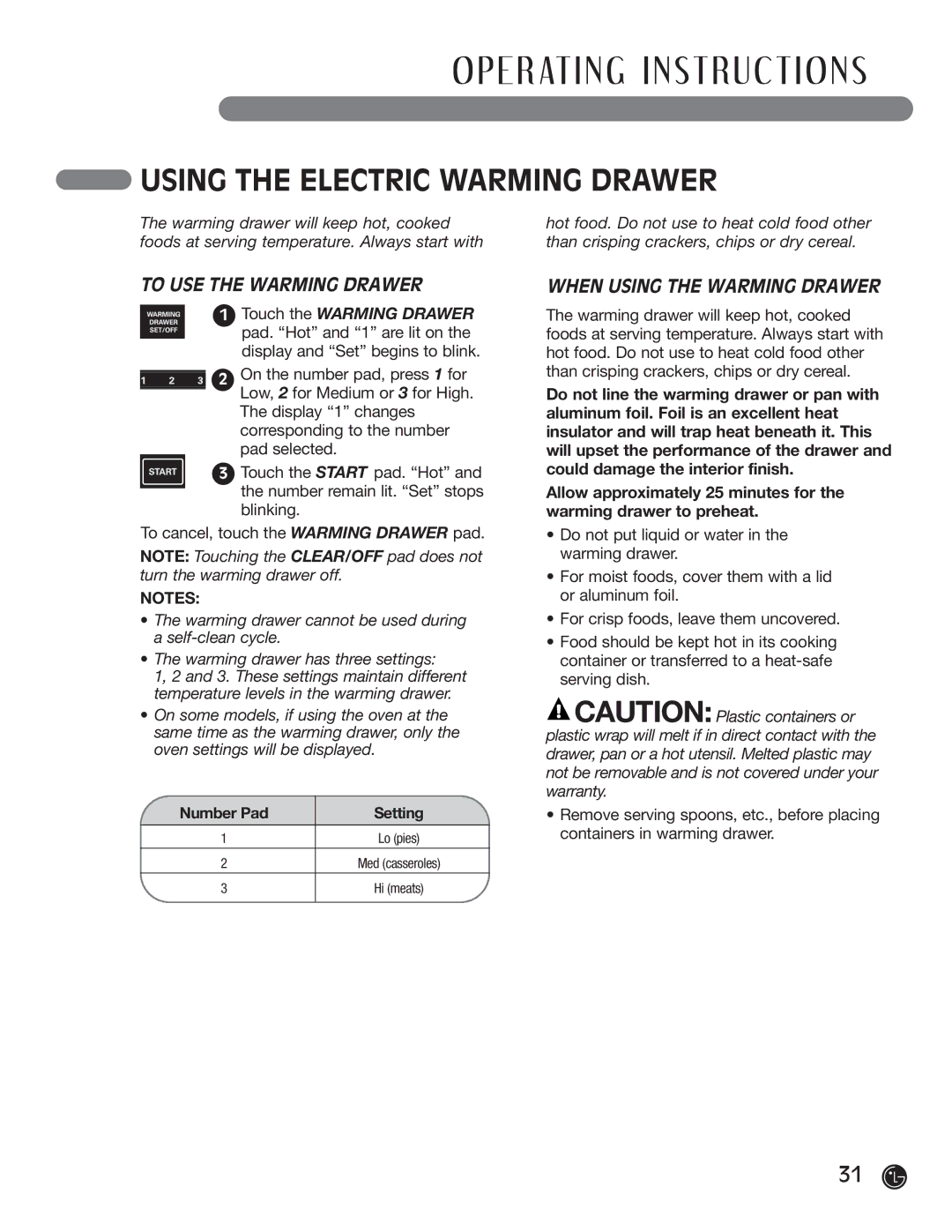 LG Electronics LRG30355SB Using the Electric Warming Drawer, To USE the Warming Drawer, When Using the Warming Drawer 