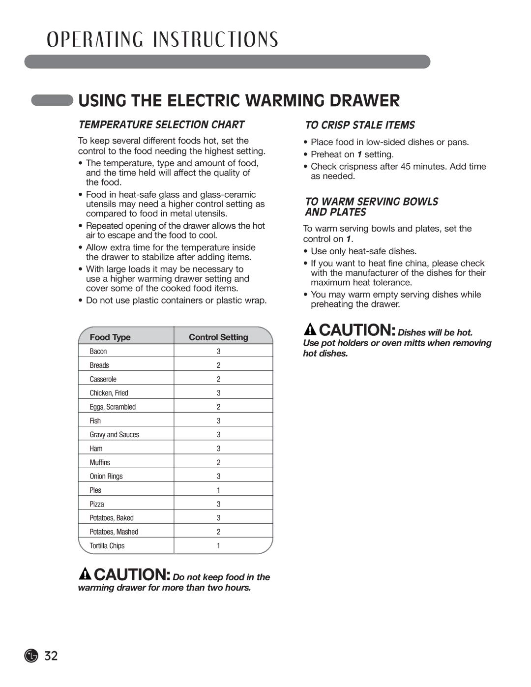 LG Electronics LRG30855ST, LRG30355ST, LRG30355SW, LRG30355SB manual Temperature Selection Chart, To Crisp Stale Items 