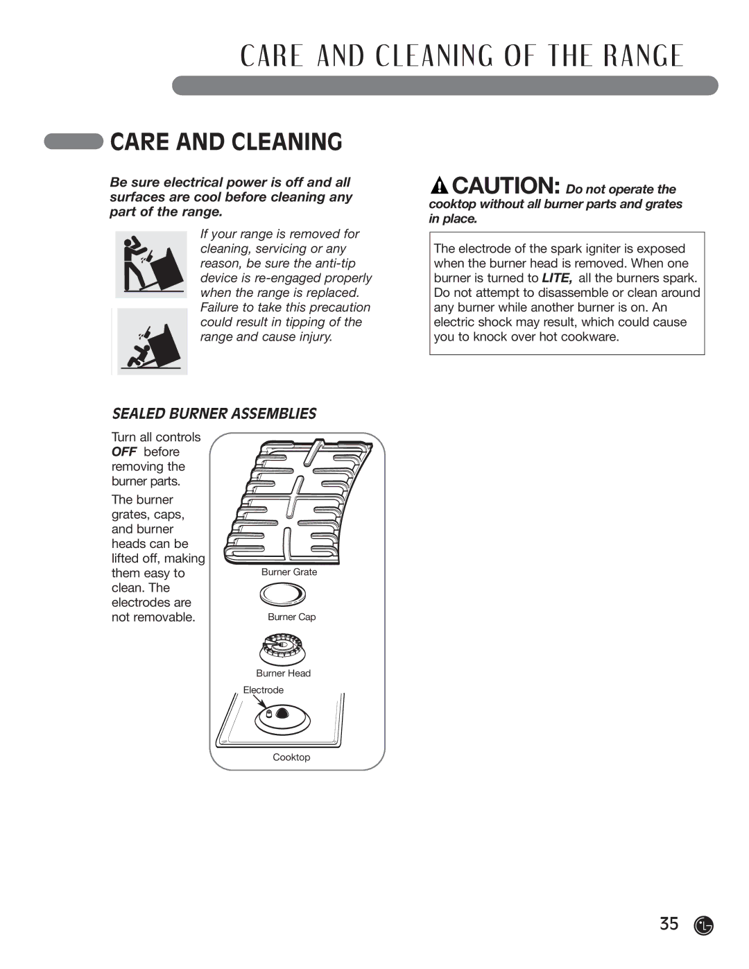 LG Electronics LRG30855ST, LRG30355ST, LRG30355SW, LRG30355SB manual Care and Cleaning, Sealed Burner Assemblies 