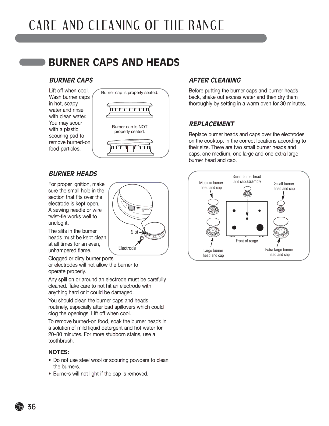 LG Electronics LRG30355SW, LRG30355SB manual Burner Caps and Heads, After Cleaning, Replacement, Burner Heads 