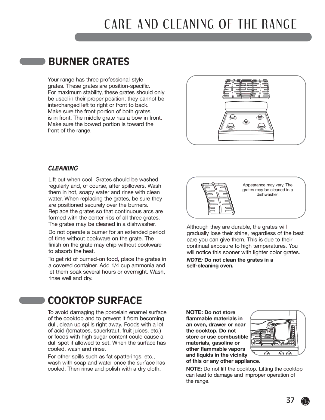 LG Electronics LRG30355SB Burner Grates, Cooktop Surface, Cleaning, Liquids in the vicinity This or any other appliance 