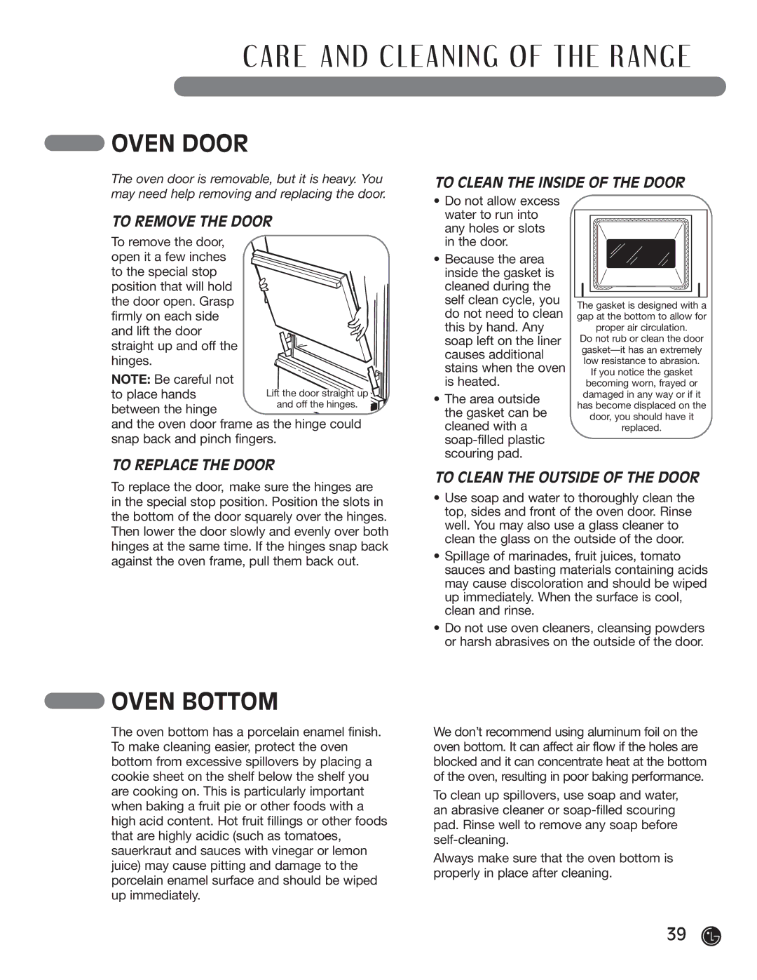 LG Electronics LRG30355SW Oven Door, Oven Bottom, To Clean the Inside of the Door To Remove the Door, To Replace the Door 