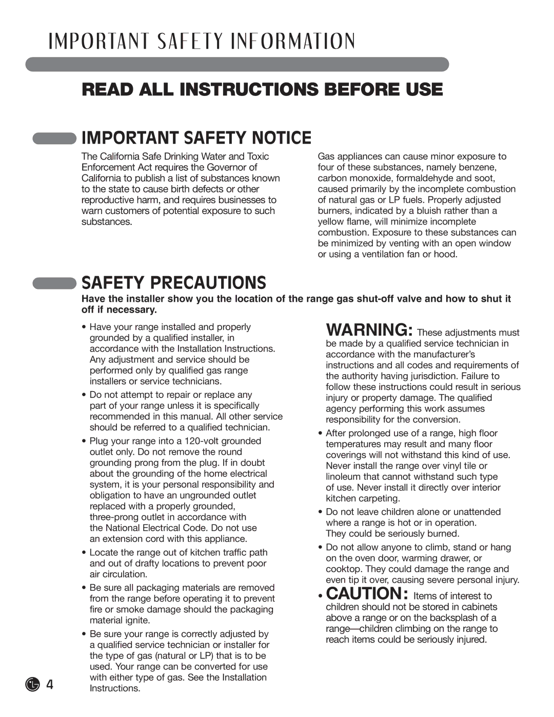 LG Electronics LRG30355SB manual P O RTA N T S a F E T Y I N F O R M AT I O N, Important Safety Notice, Safety Precautions 