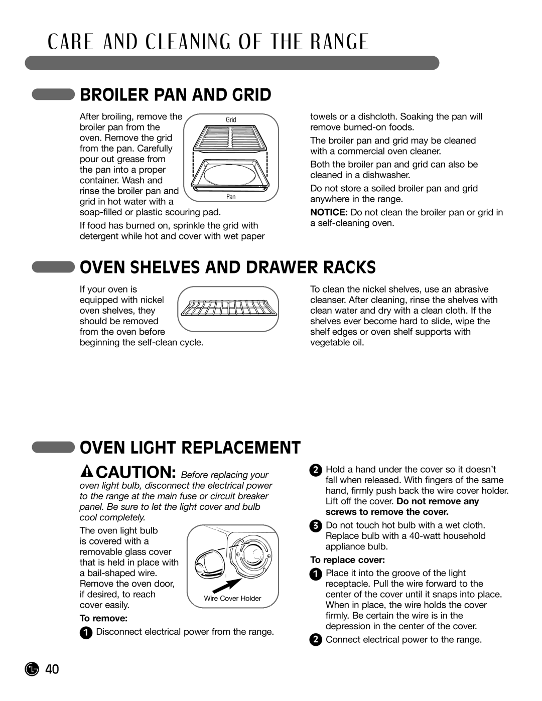 LG Electronics LRG30355SB, LRG30355SW manual Broiler PAN and Grid, Oven Shelves and Drawer Racks 